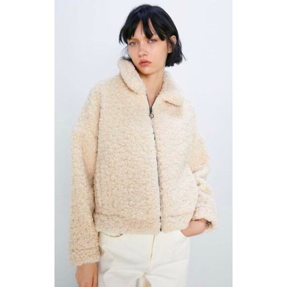 Zara Fleece Sherpa Teddy Bomber Zip Up Jacket Size Small - Picture 1 of 8